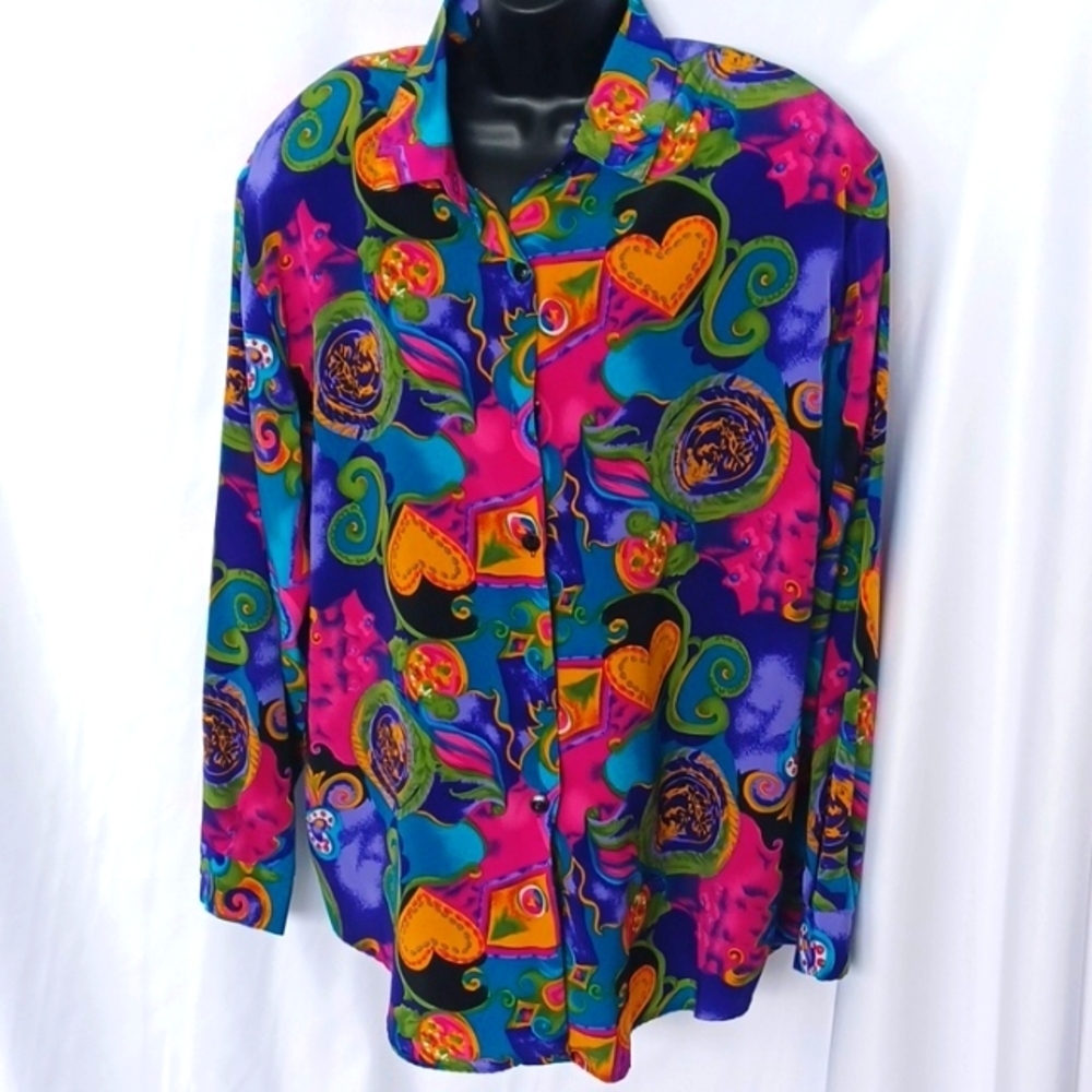S.G. Sport Collection Vintage Psychedelic Bright Bold Floral Blouse Large